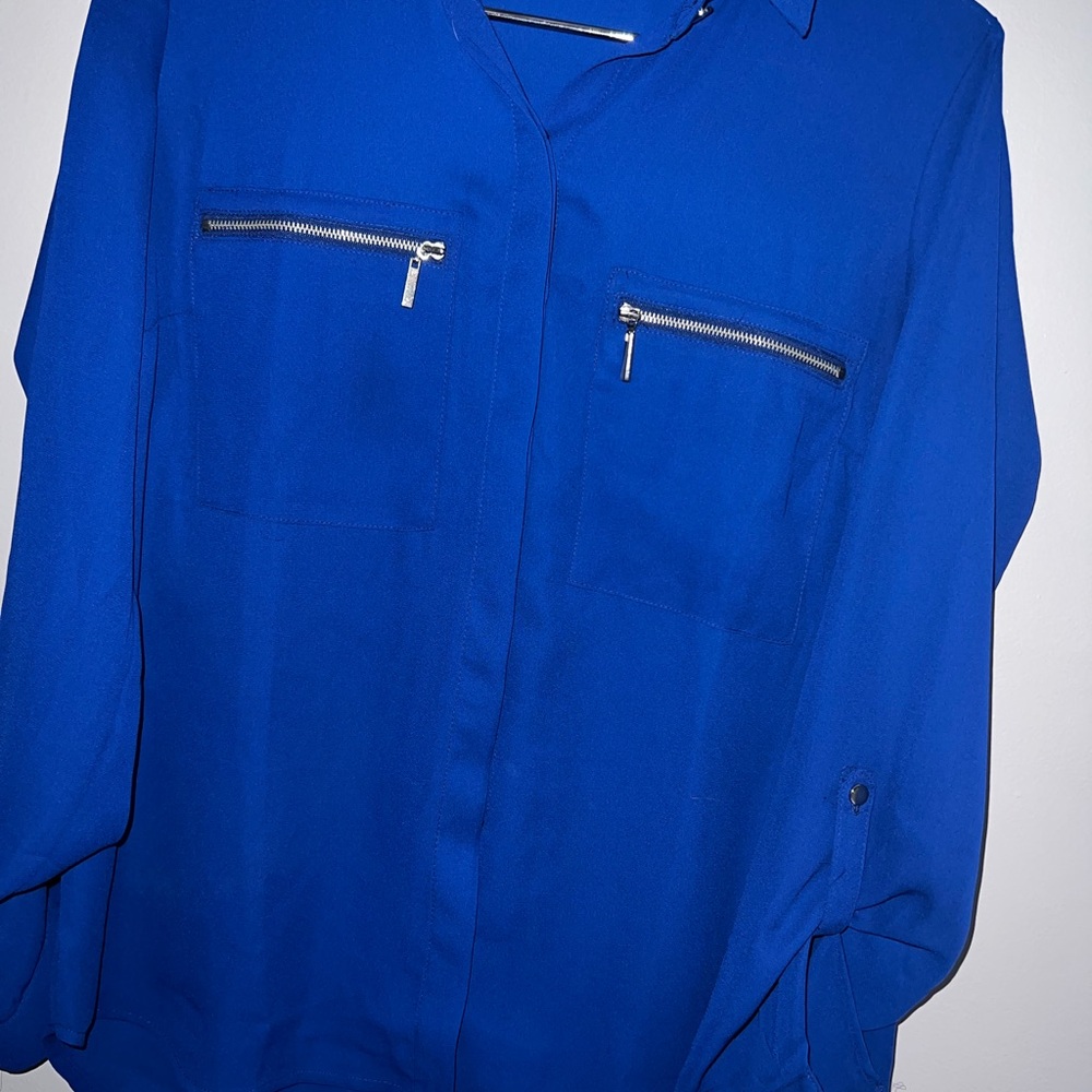 Blue Women's Button Up Top with Zipper Pockets
